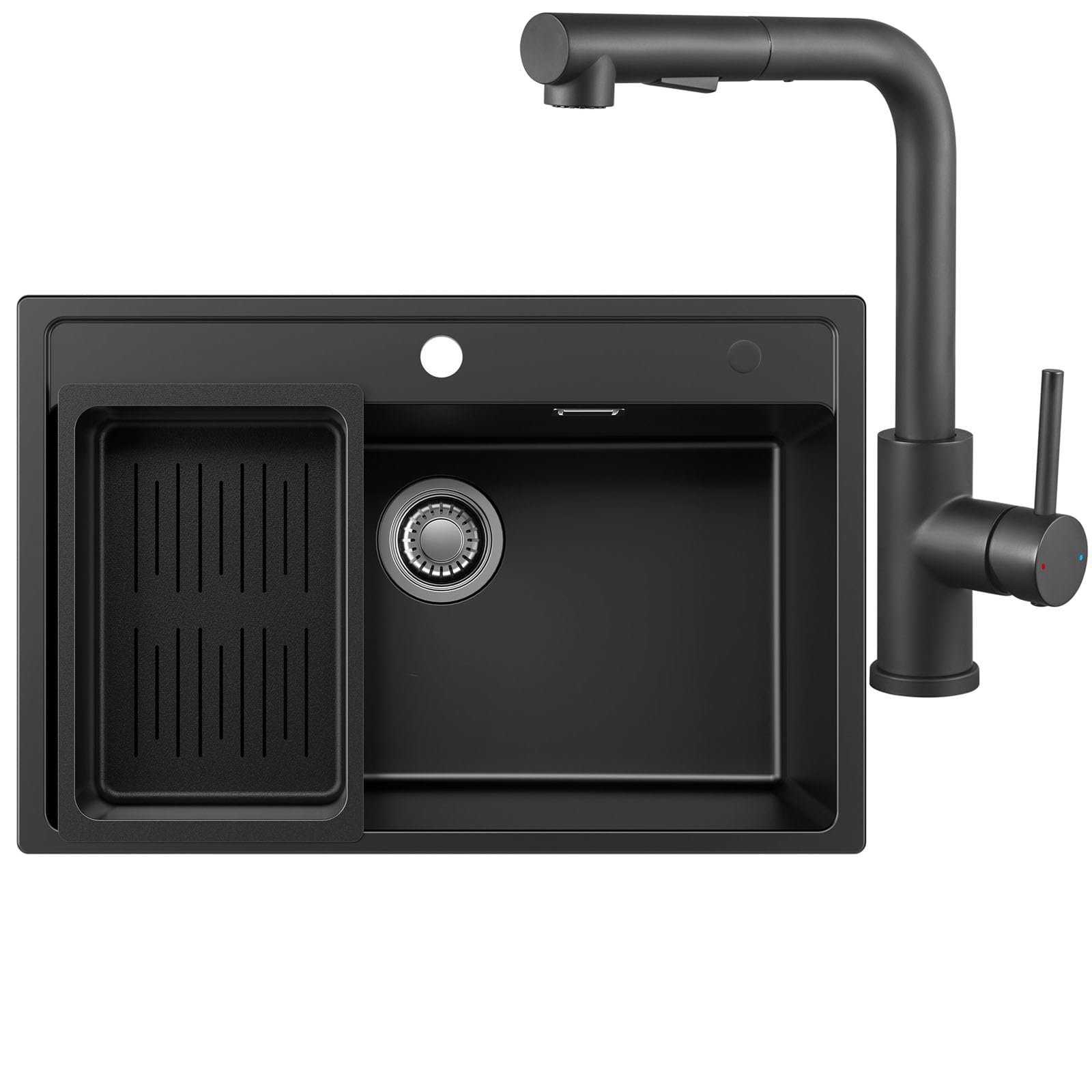 Waschbecken Küche Schwarz 70x46 cm Set, Armatur für 80 cm Unterschrank | Abtropfkorb, Quarzkomposit, 12 mm Bodendicke zur Geräuschreduzierung, Geruchsverschluss, Ausschnittsmaß 68 x 44 cm