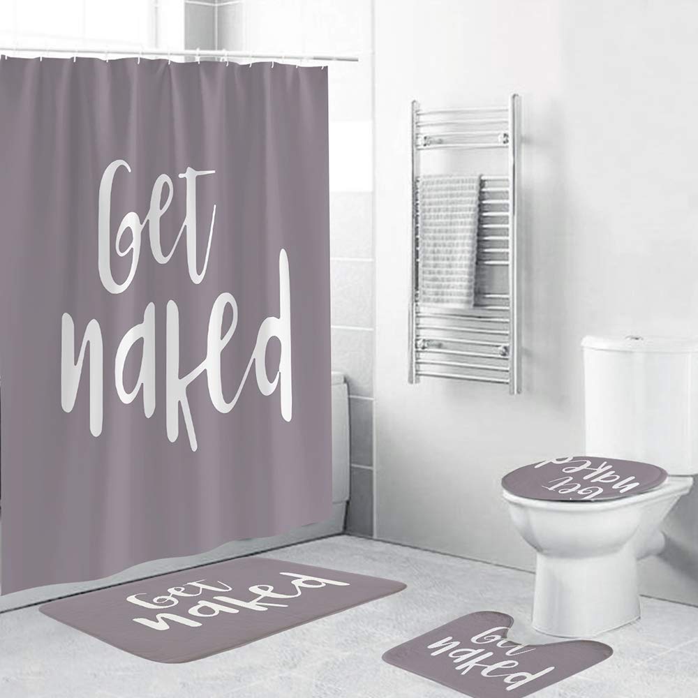 Grey Get Naked Shower Curtains with Bath Mats,4 Piece Machine Washable Mildew Proof Toilet Lid Cover,Non-slip Bathroom Mat, Absorbent Pedestal Rugs and Waterproof Bathtub Curtain with Hooks (Brown)