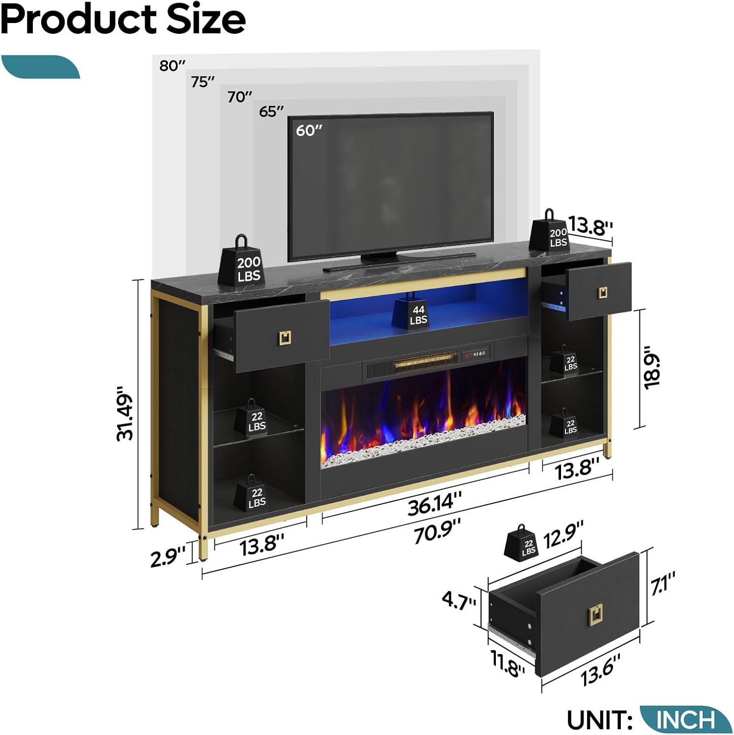Bestier 70" Fireplace TV Stand, Modern Entertainment Center for TVs Up to 75", TV Console with Faux Marble Top, 2 Drawers and Adjustable Glass Shelves Design, Media Console for Living Room, Black