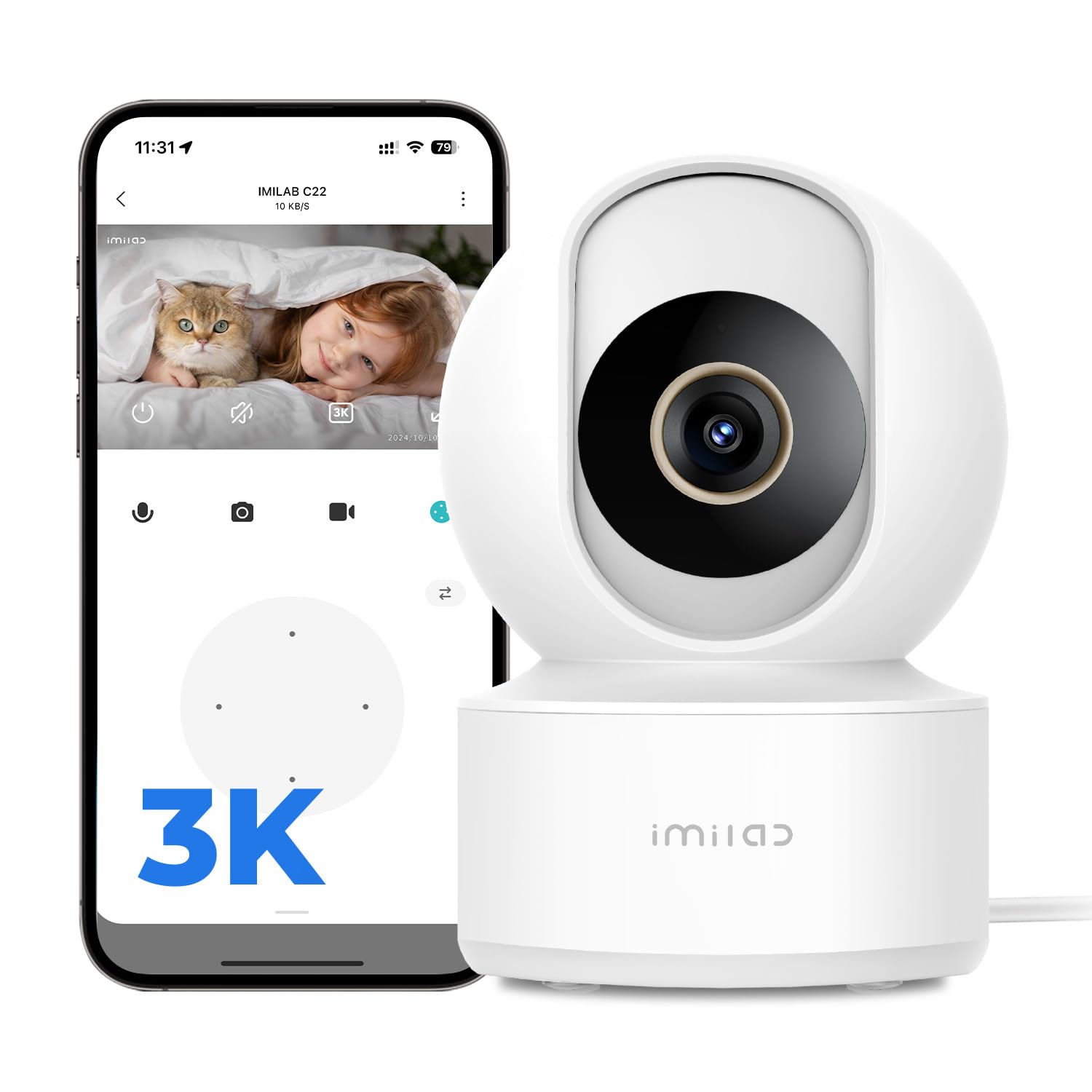 IMILAB C22 3K Security Indoor Camera - 360° View Home Camera with Color Night Vision for Baby/Pet Monitor, Plug-in 2.4Ghz WiFi 6 Inside Cam, 2-Way