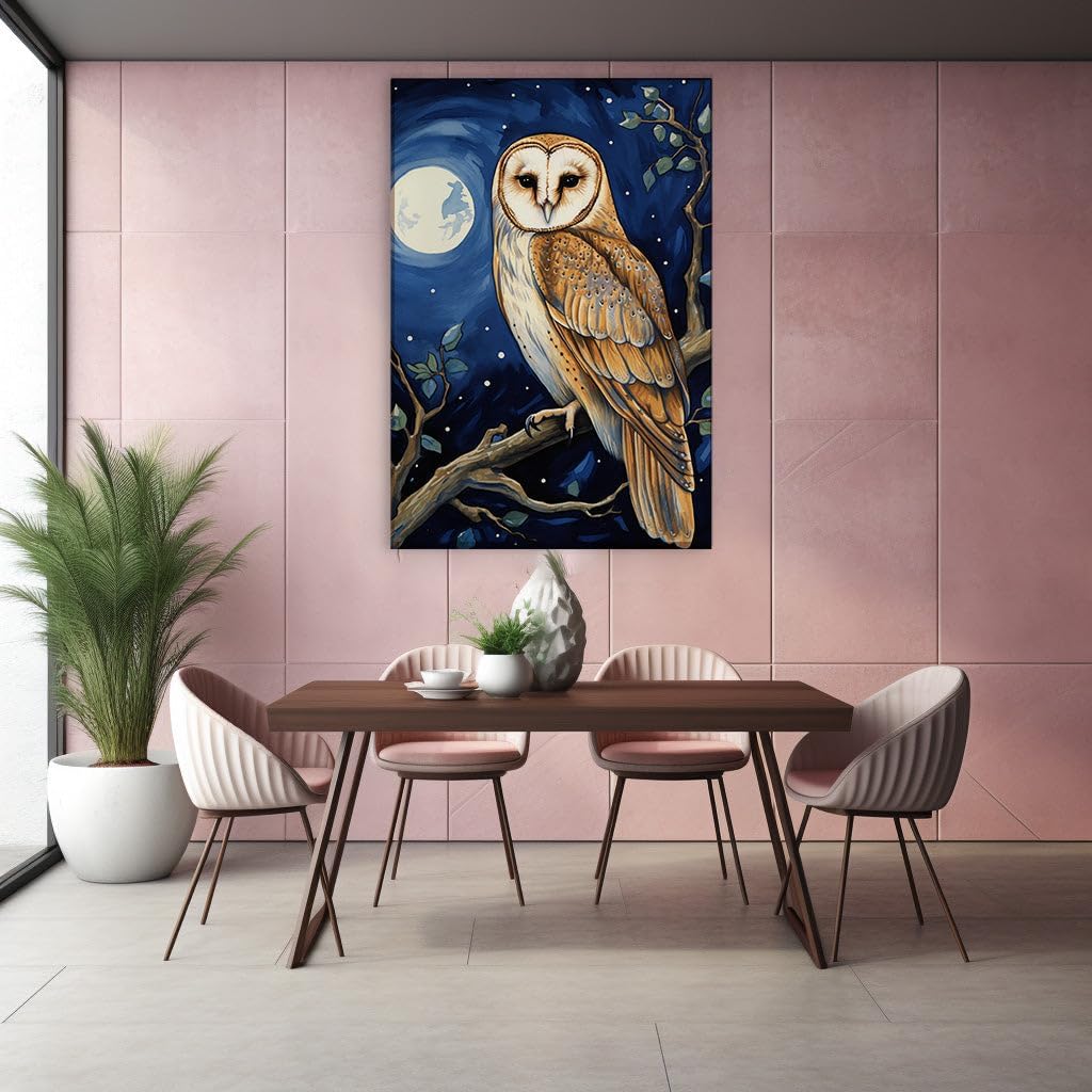 Canvas for Living room. Whispering Wings Under the Moonlit Sky � The Mystique of the Brown Owl Perch, 27 x 18 inch Canvas Wall Art - Contemporary Masterpieces - Nature Home Decor