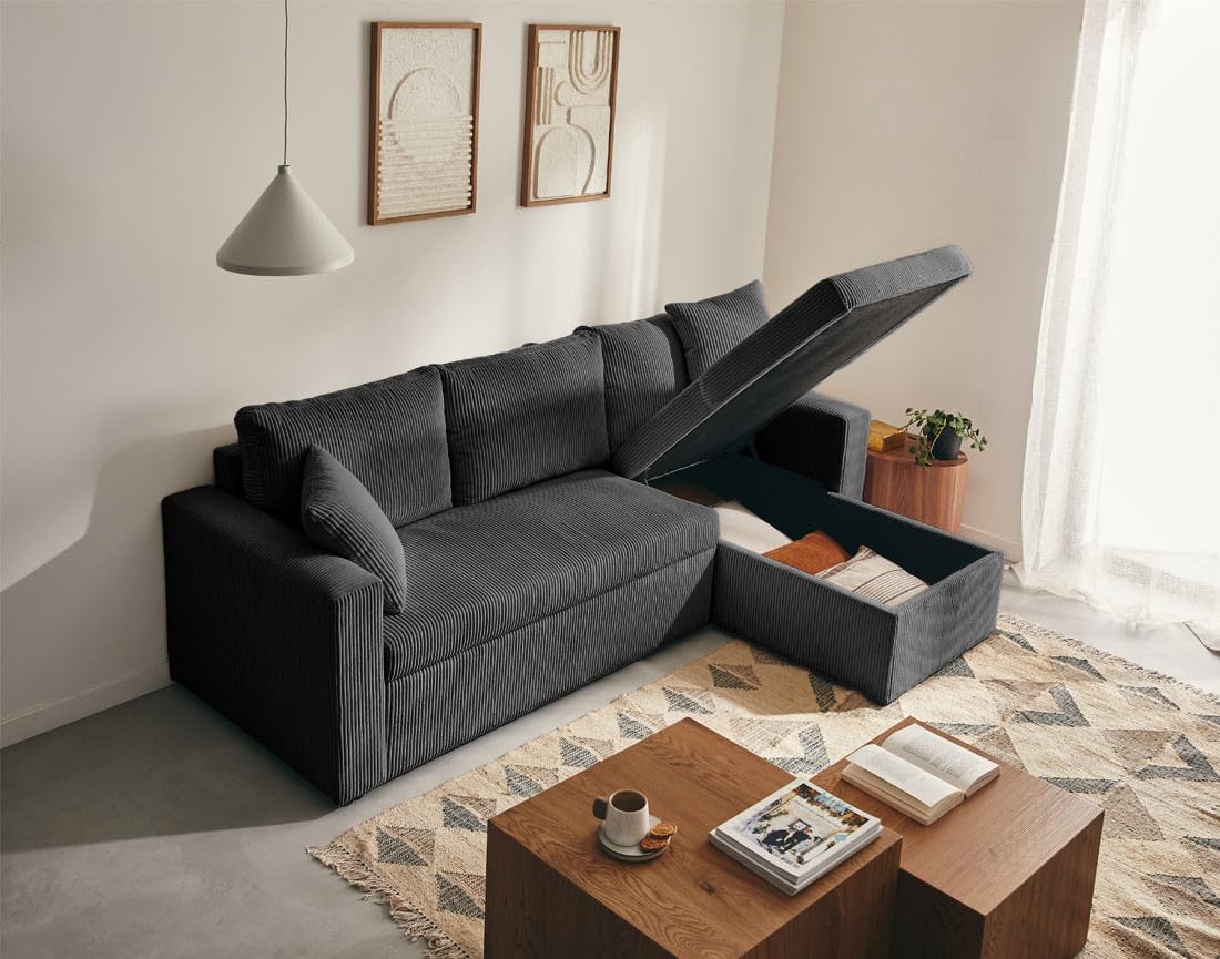 Bestmobilier Cyrus - canapé d'angle réversible 4 Places - Convertible avec Coffre - en Velours côtelé