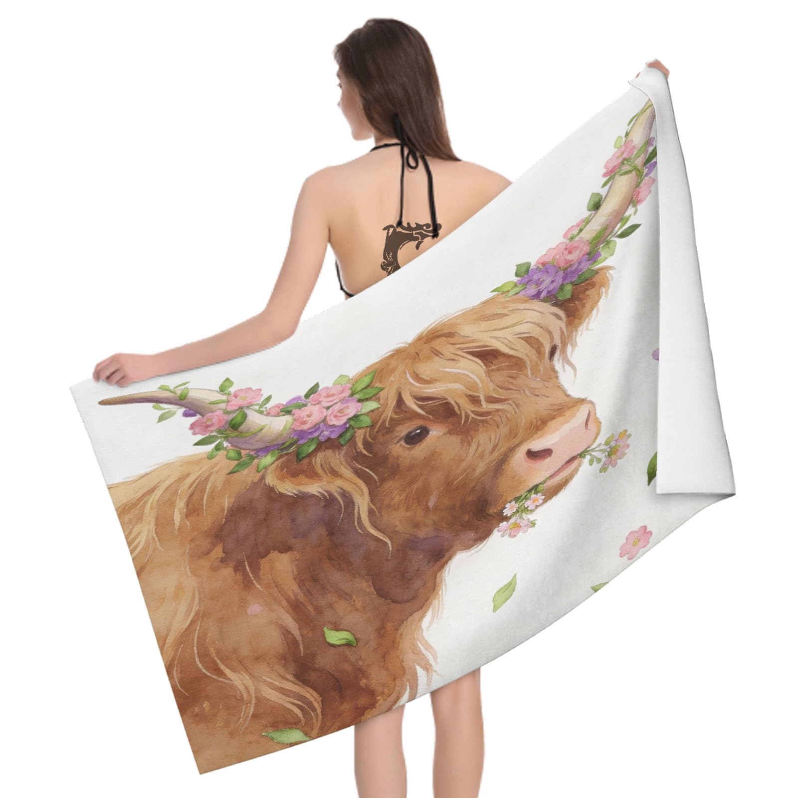 Leichong 3D Highland Cow Beach Towel Microfiber Soft Quick Dry for Adults, Animal Theme Bath Towel Lightweight Soft Absorbent for Travel Swimming Pool Sports, 75 x 150 cm