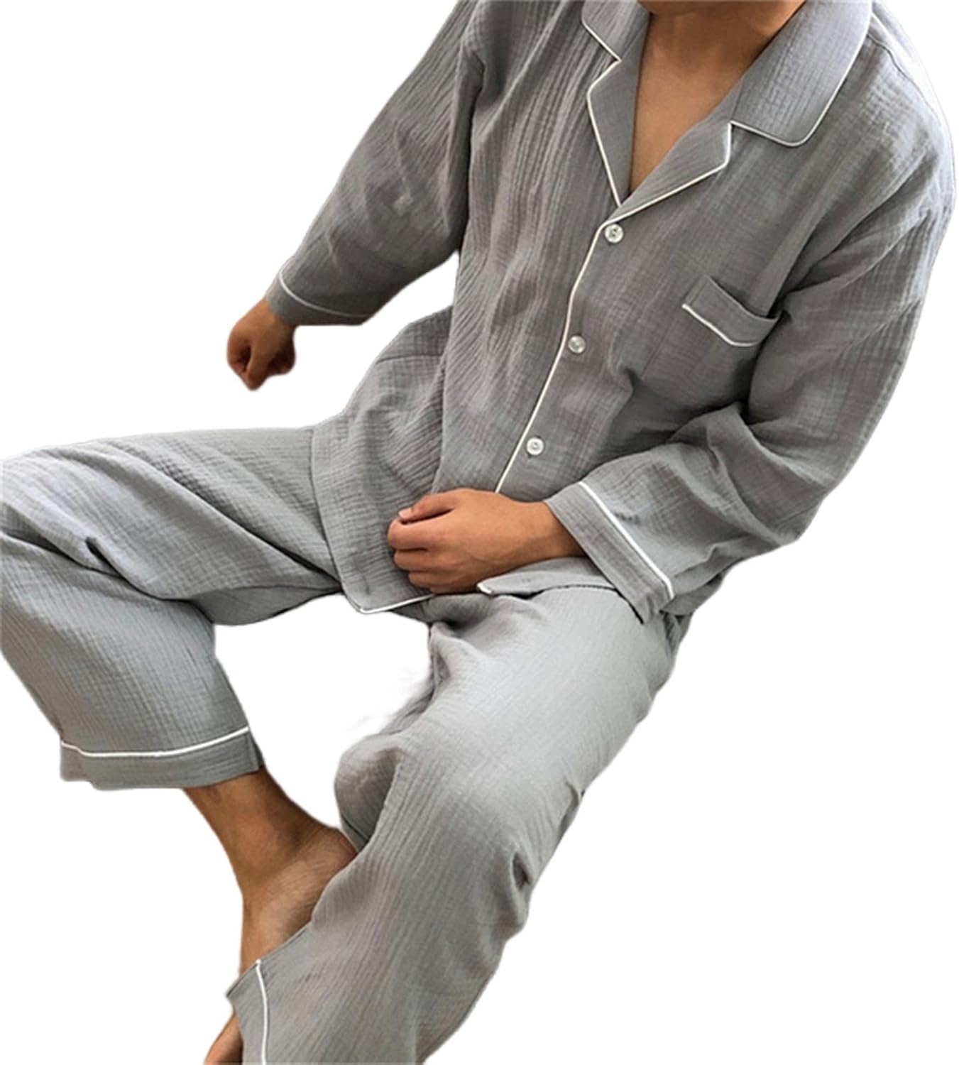 MOGSA Pijama gris oscuro para parejas, conjunto de pijama de algodón crepé, suave, casual, ropa para el hogar