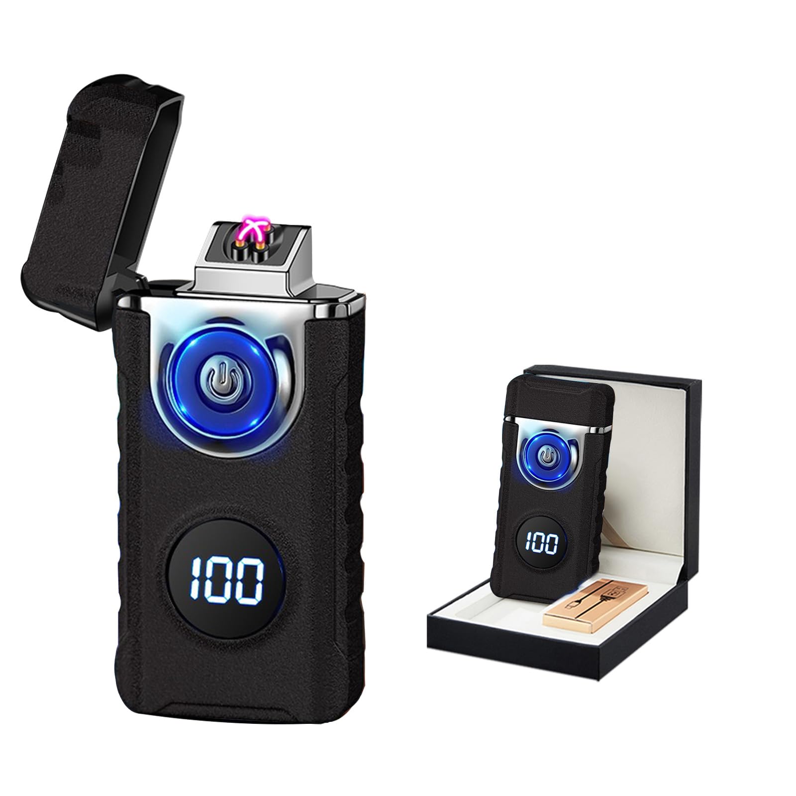 BABOBIU Briquet électrique coupe-vent sans flamme rechargeable à arc électrique de type C USB plasma briquet de camping avec affichage numérique de l'alimentation pour homme, partenaire, ami (noir