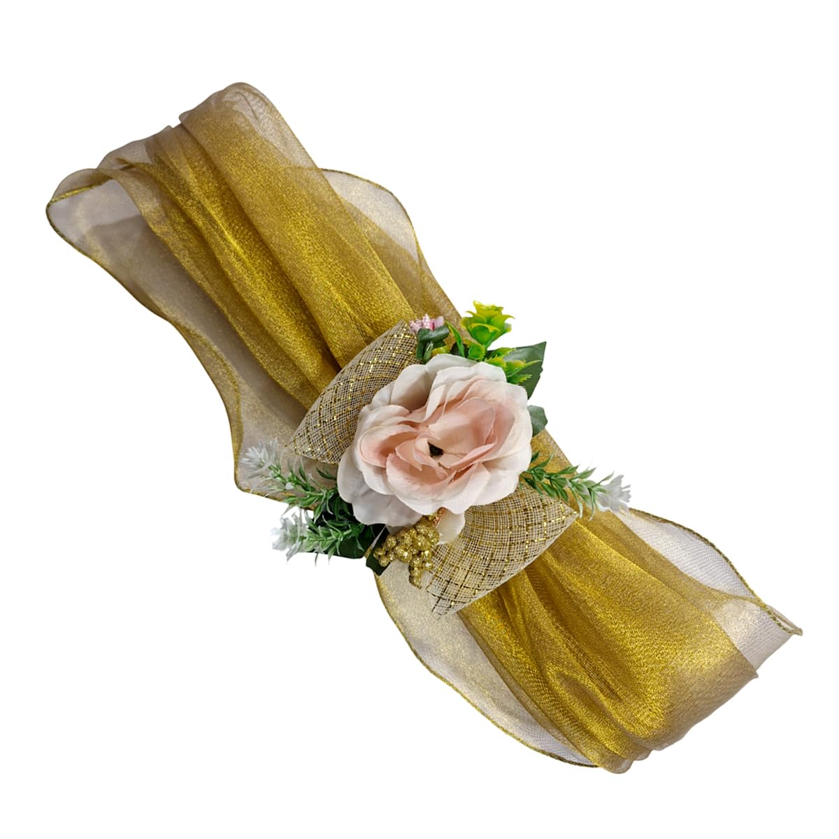 WRAPPING STUDIO One Meter Each Net Band Set of 4 with Artificial Floral Embellishments for Gift Packing, Decoration, Gifting, Trousseau Packing, Hampers (Golden) 3