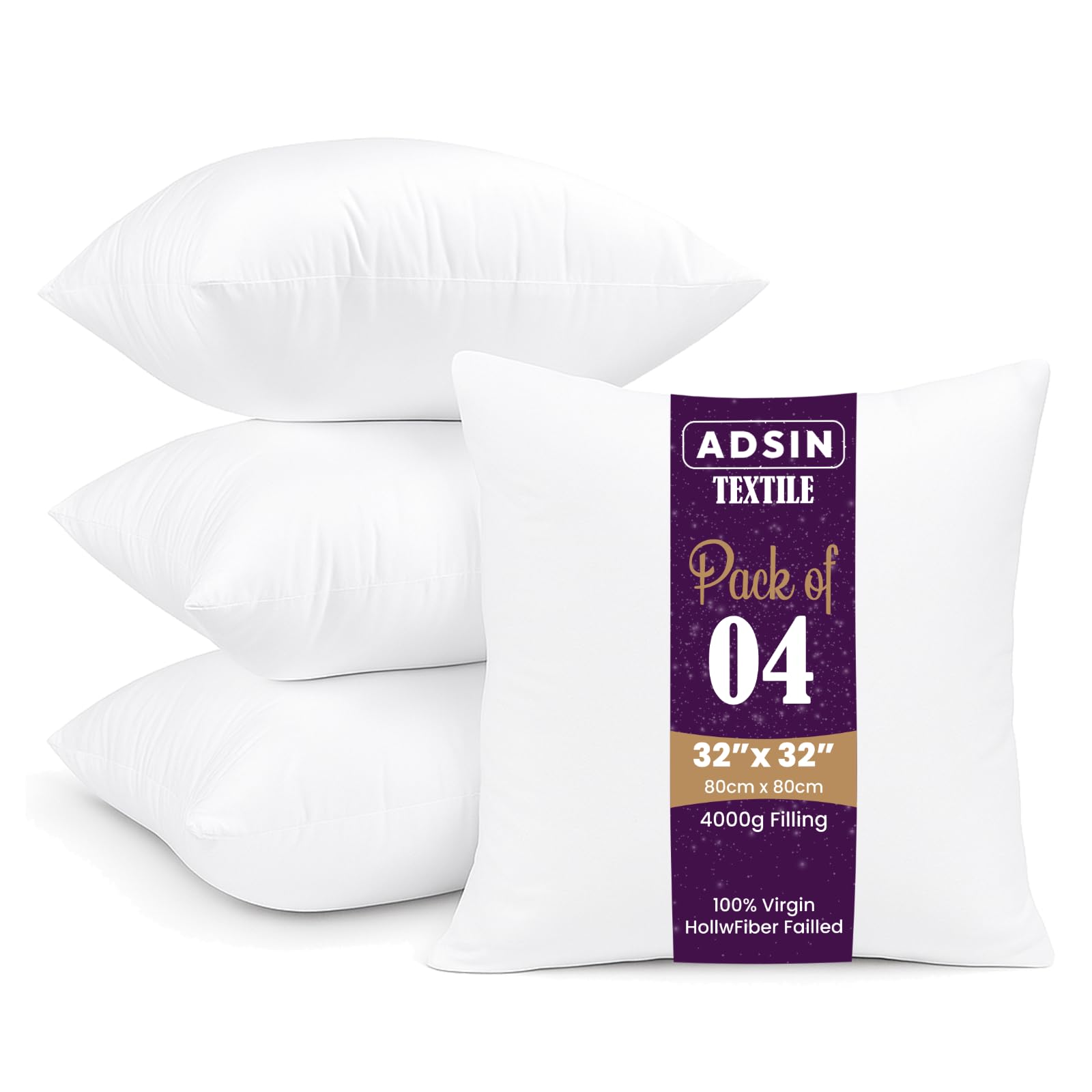 Set of 4-80cm x 80cm Odd Size Hollowfibre Cushion Pads New White Inners Stuffer Square Pillow Insert Sofa Throw Hypoallergenic (Pack of 4 | 32" x 32") — image 1