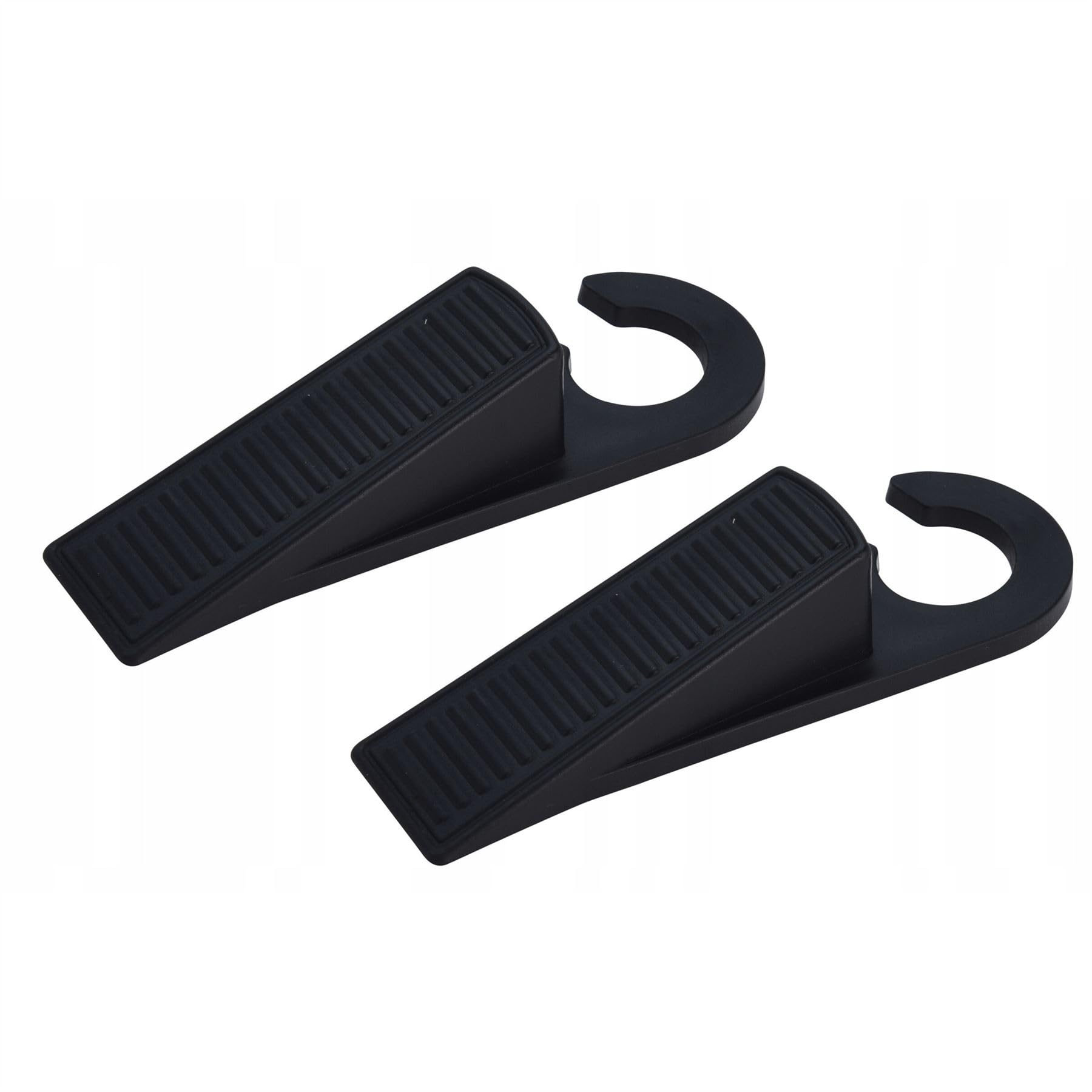 Set of 2 Black Plastic Door Stops with Hanging Hook | Indoor Door Wedge Stoppers for Home or Office Use
