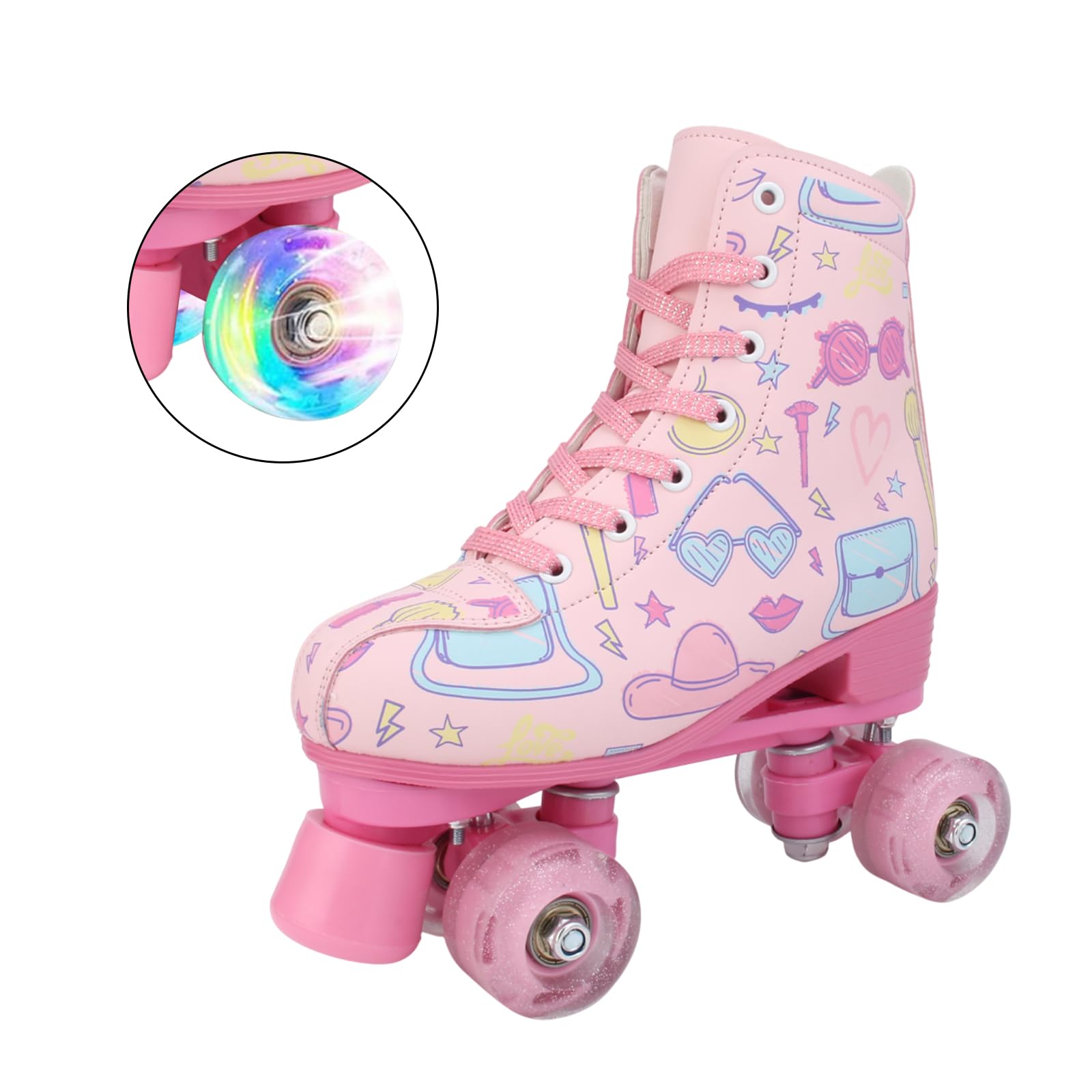 Gets Roller Skates for Girl and Women, PU Leather Light p Kids Roller Skates, Fantasy Adjustable Four-Wheel Beginner Girls Ages 8-12 for Indoor Outdoor (Pink,32)