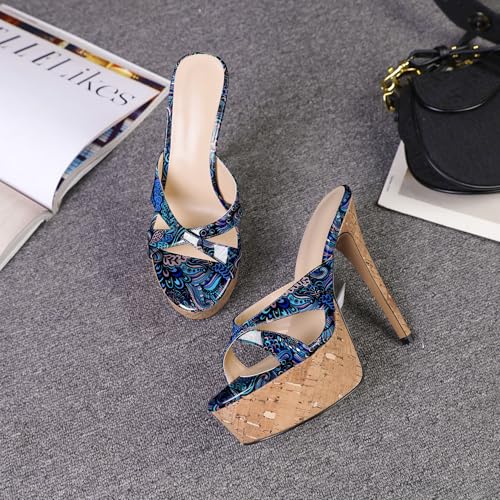Image of Esvowido Heeled Mules for Women Cork Platform Stiletto Heels Slip on Open Toe High Heeled Sandals Crisscross Slippers Pumps Shoes