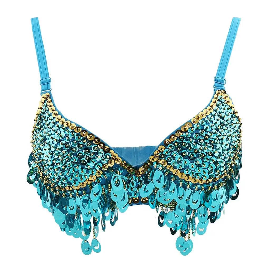 Top da donna con paillettes e perline, top corto con nappe scintillanti, per rave, festival, danza del ventre