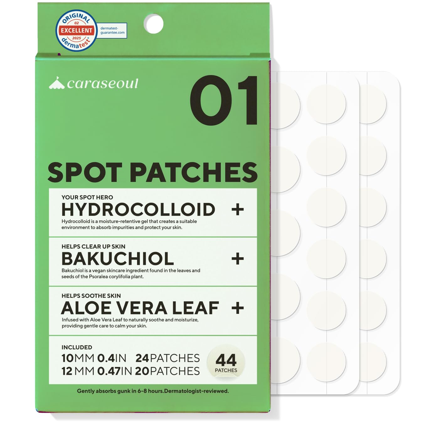 caraseoul Pimple Patches, 2 Size Hydrocolloid Acne Patch for Zits and Blemishes Bakuchiol & Aloe Vera, Korean Skin Care
