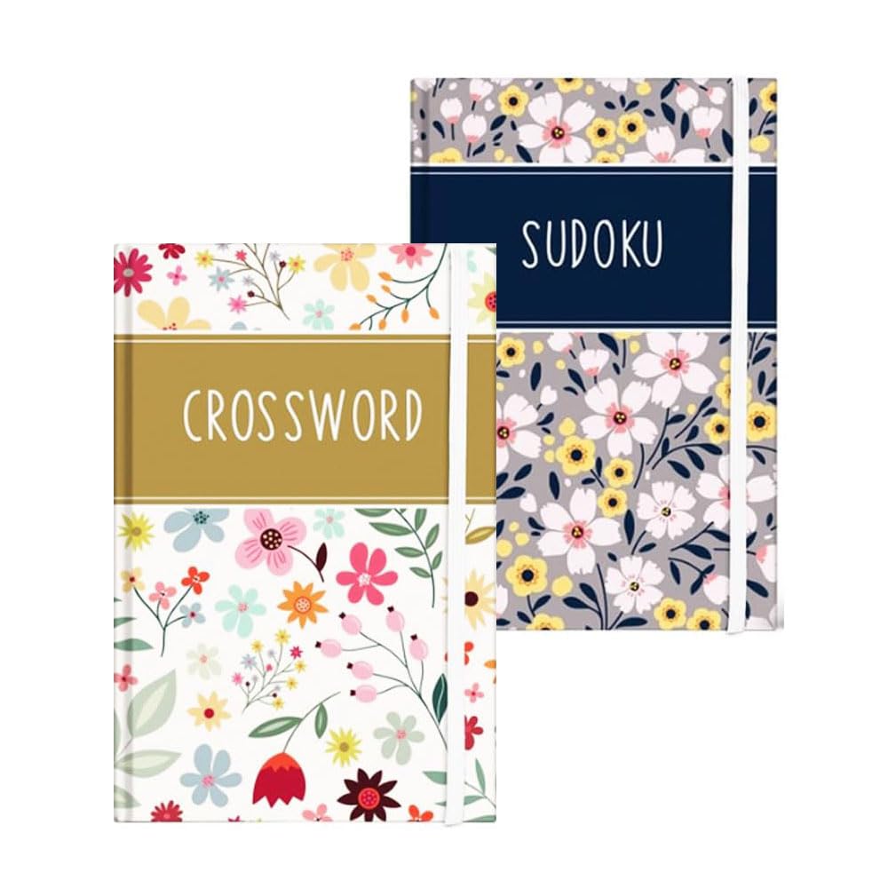 Sixstore - Juego de 2 libros de viaje de bolsillo A6, sudoku y crucigramas, tamaño 15 x 10,5 cm con banda elástica, floral