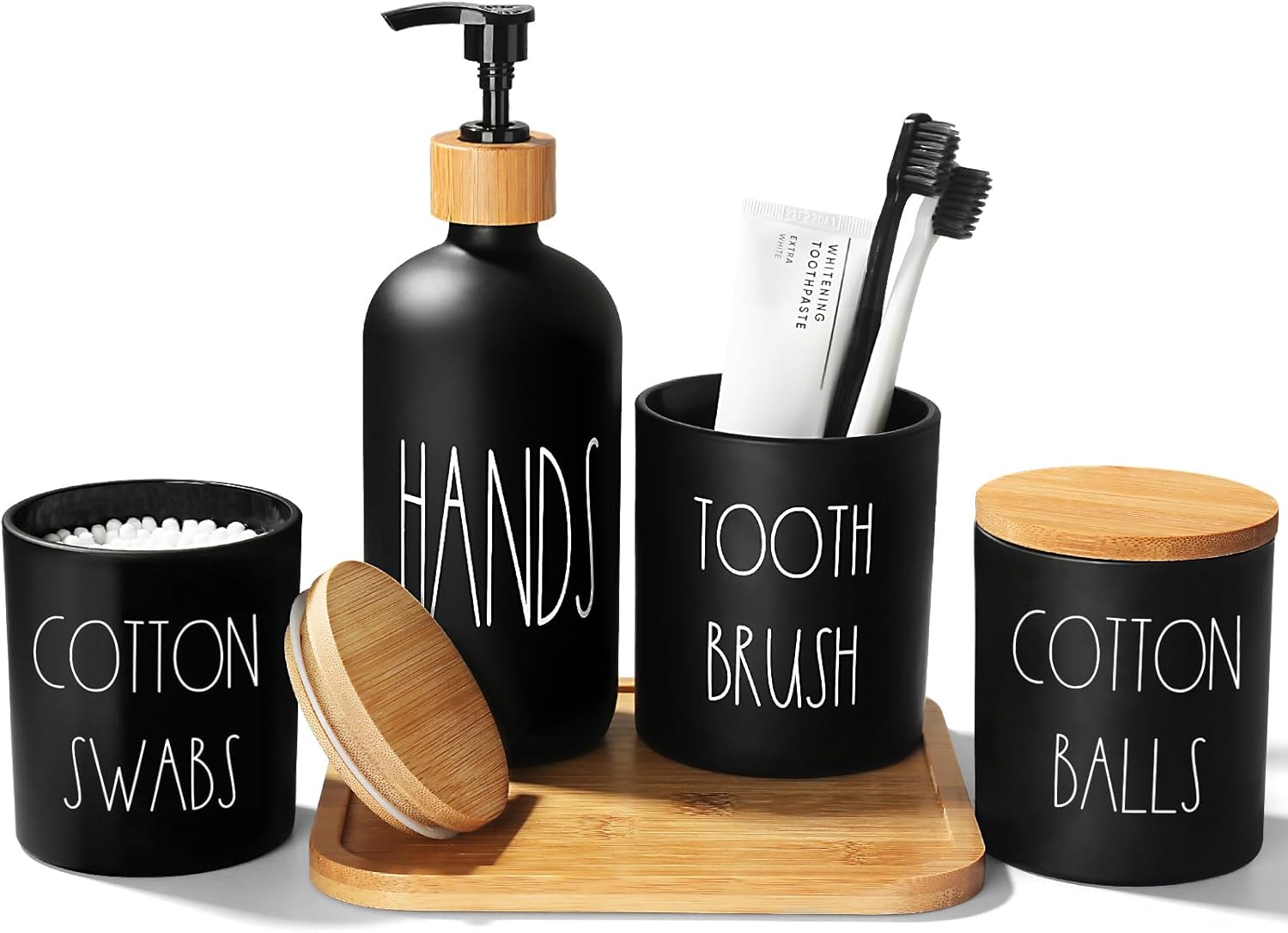 Matte Black Bathroom Accessories Set, 5 Pcs Glass Bathroom Accessory Set with Bamboo Tray, Soap Dispenser and Toothbrush Holder Set, Qtip Holder Set, Farmhouse Boho Bathroom Set Complete