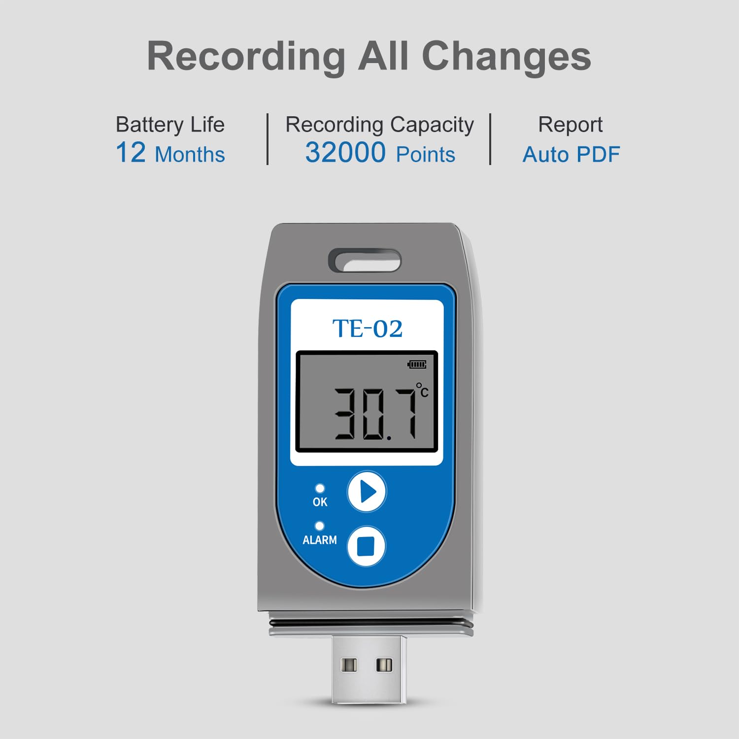 Termometro Digitale TE-02 USB EN12830 Registratore Temperatura Catena Freddo 32000 Punti PDF CSV
