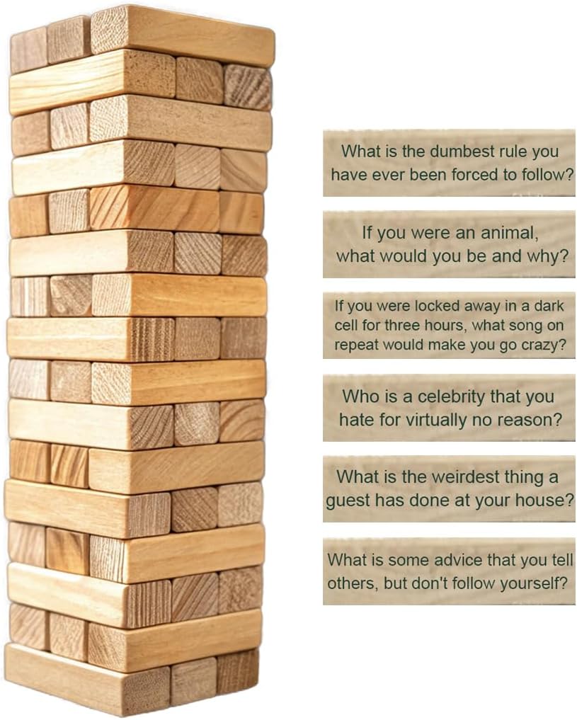 Ice Breaker Questions Wood Balance Stacking Blocks Game for Adults - Get to Know Each Other Family Night Games Tumbling Tower - Icebreaker Conversation Starters