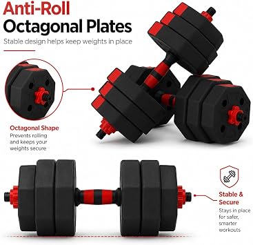 Adjustable Octagonal Dumbbell Set with Barbell Connector, Free Weights Home Gym Strength Training Fitness Equipment, Non-Roll Hand Weights for Men and Women, Full Body Workout Exercise Kit, Weight Set