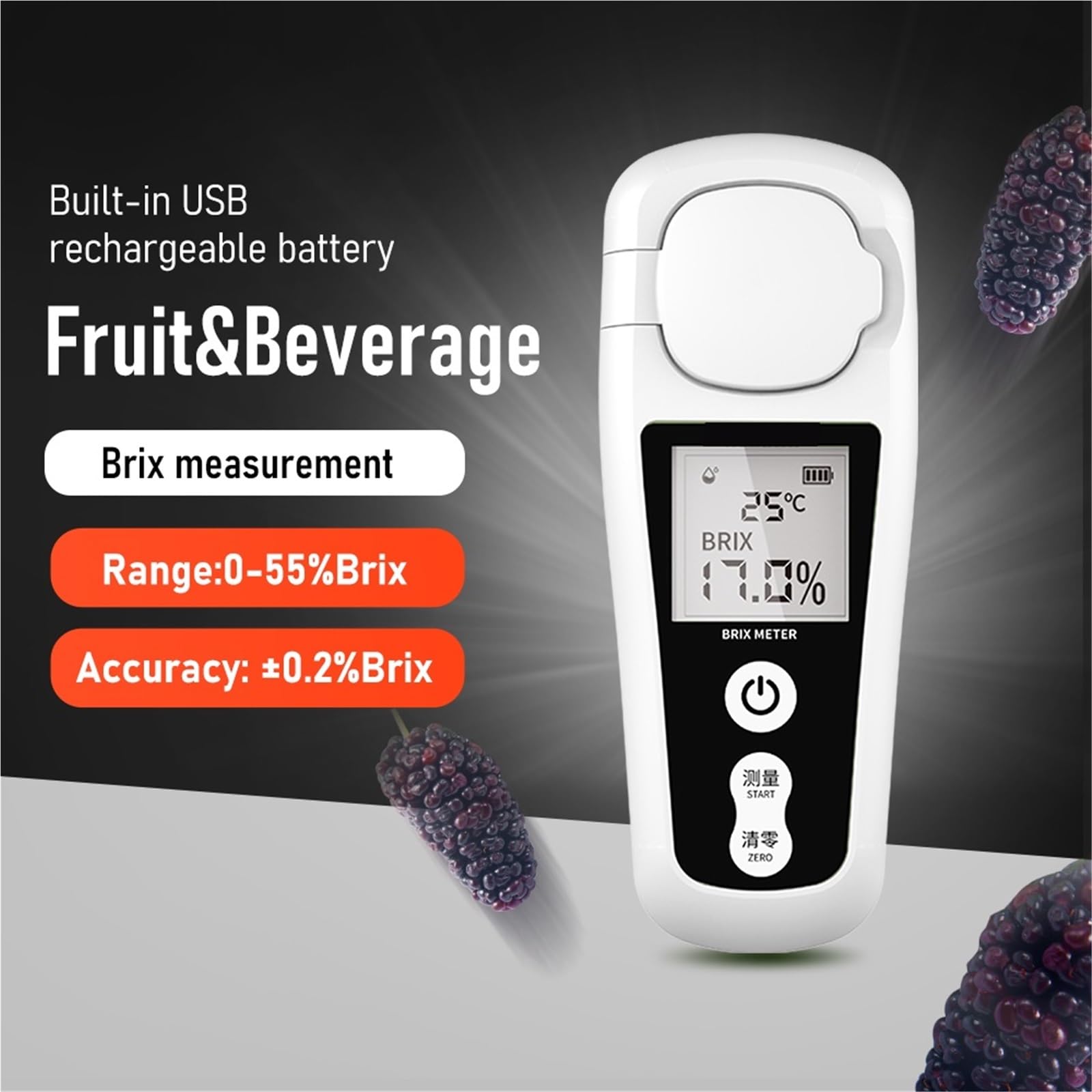 Medidor digital de sacarometría de azúcar recargable con pantalla LCD for medir el contenido de azúcar líquido en bebidas de frutas y miel.