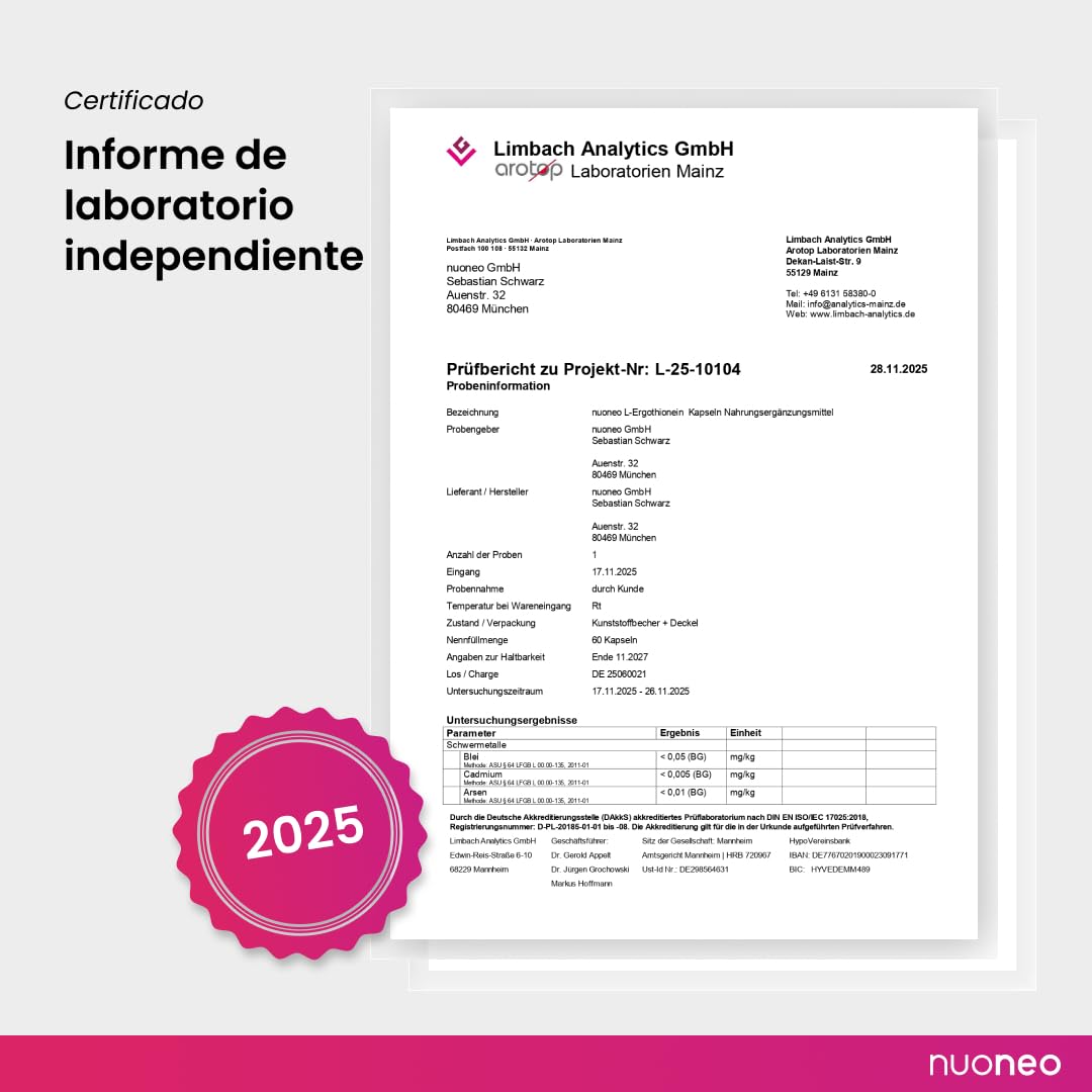 L-Ergotioneína 10 mg - 60 cápsulas veganas para 2 meses - Ergotioneína para el suministro celular - Probado en laboratorio y fabricado en Alemania nuoneo
