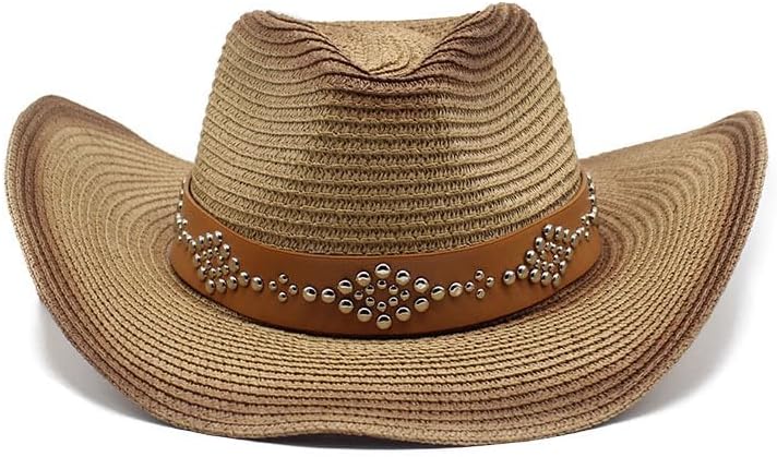 Western Cowboy Hat, Straw Woven, Brown Leather Band with Studded Design, Beige