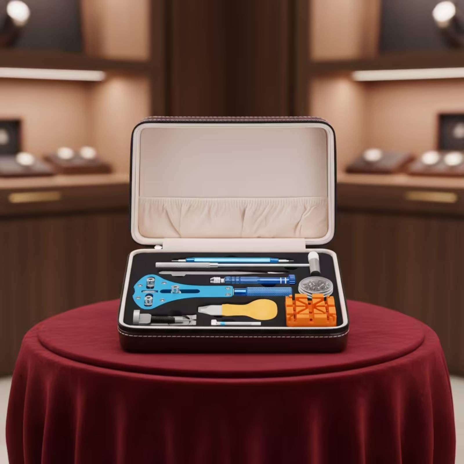 Perfeclan Kit de Reparación de Relojes Herramientas Set Juego Estuche con Herramienta de Soporte y Alicates de Precisión Material Metal y Cuero Adecuado para Cambios de Correa Banco de Trabajo Hogar