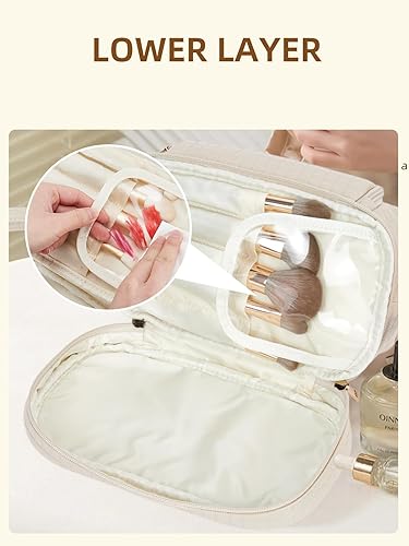 Miniatura 7 de Telena Bolsa de maquillaje de gran capacidad, bolsas de cosméticos de viaje de doble capa, bolsa de maquillaje portátil de cuero para mujeres,