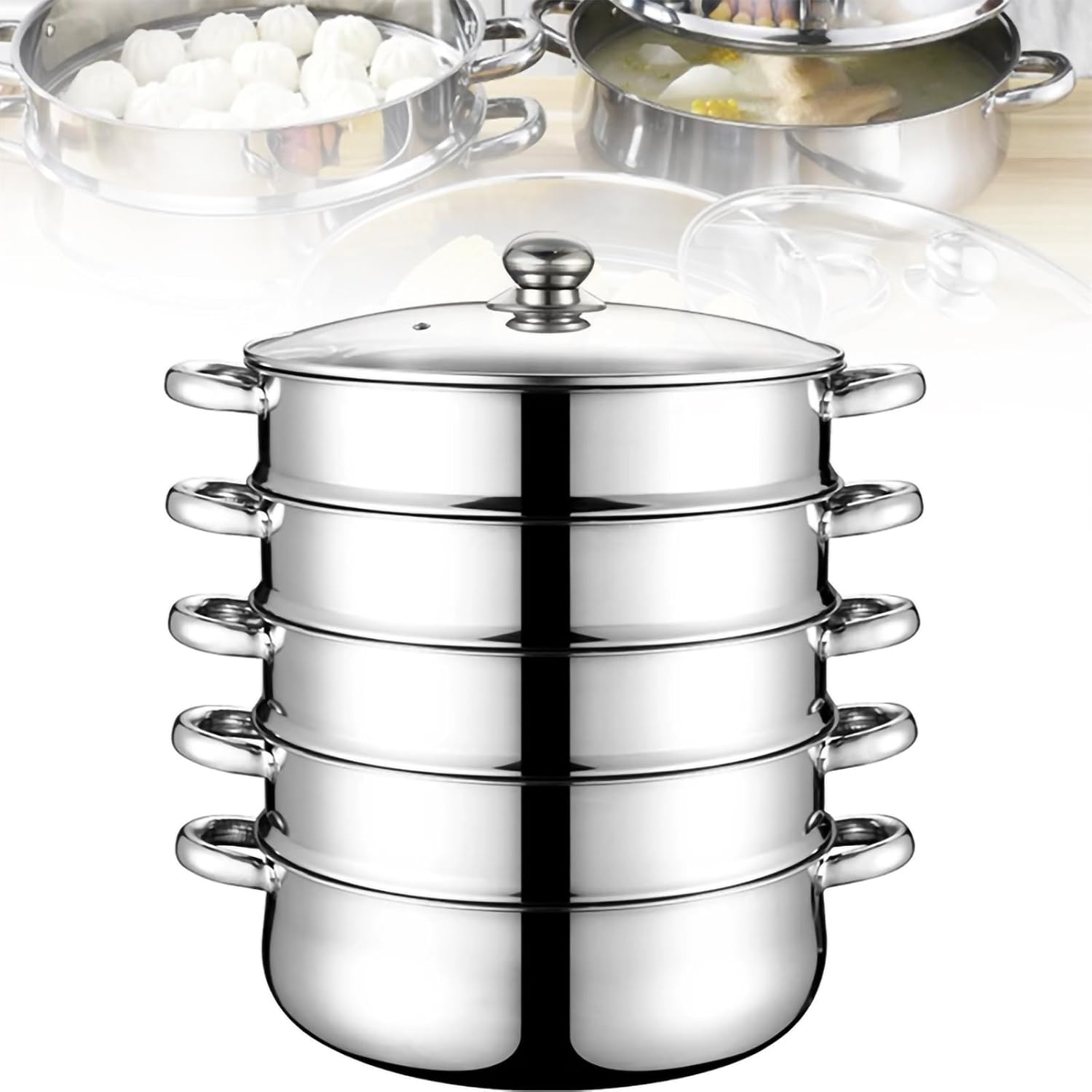 5 Tier Stainless Steel Thick Steamer Pot, Steamers Pan Cooker Pots, Steamer Diameter: 28/32CM, 1 Steaming Cloth + 2 Dishcloths, for Gas Stove, Induction Cooker, Electric Stove,28cm