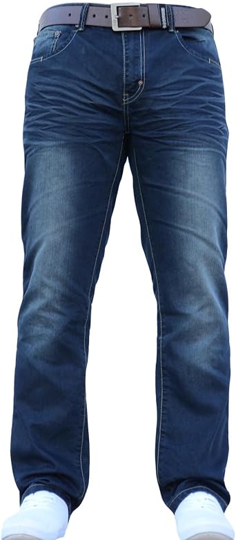 Crosshatch Farrowed Mens Stretch Jeans with Branded Belt, 5 Pockets Majority Cotton Designer Trousers with Button Fly