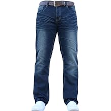 Crosshatch Farrowed Mens Stretch Jeans with Branded Belt, 5 Pockets Majority Cotton Designer Trousers with Button Fly