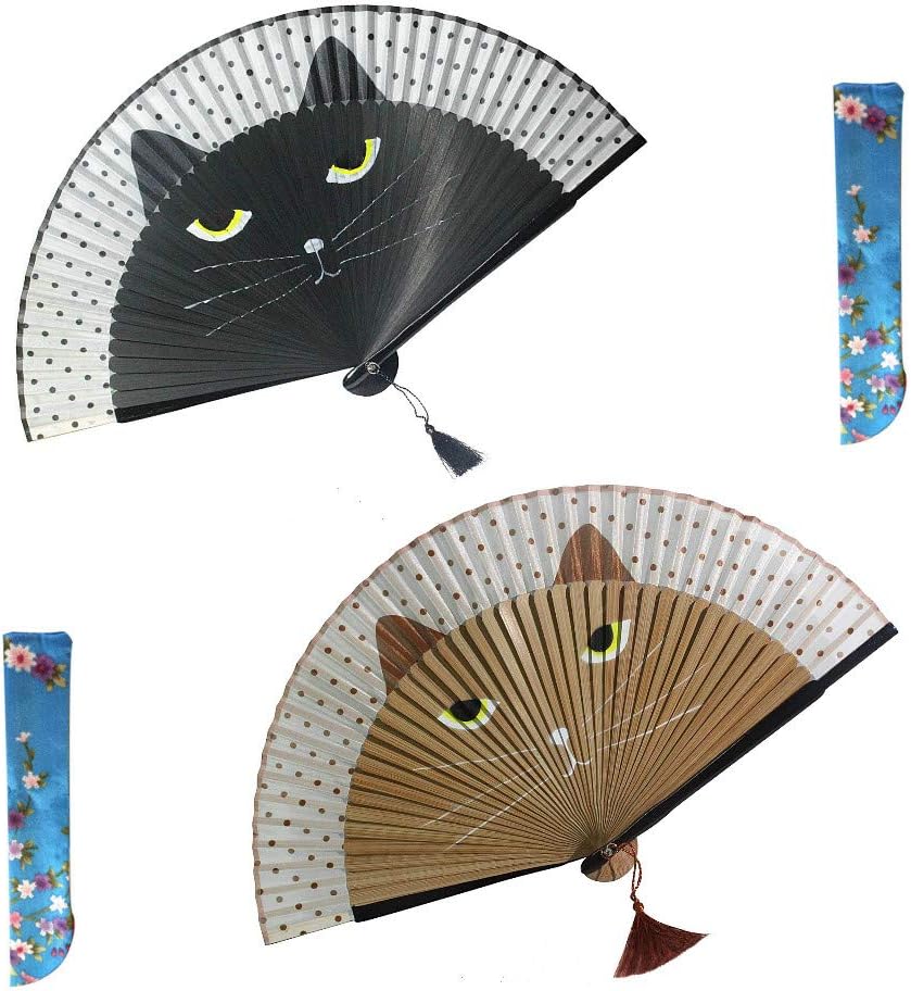 SeeSky 2 Pieces Cat Folding Fans Handheld Fans with Bamboo Frame and Silk Fan face, Lovely Cat Pattern for cooling yourself, Party Gifts, Wedding Gifts (Black and Brown)