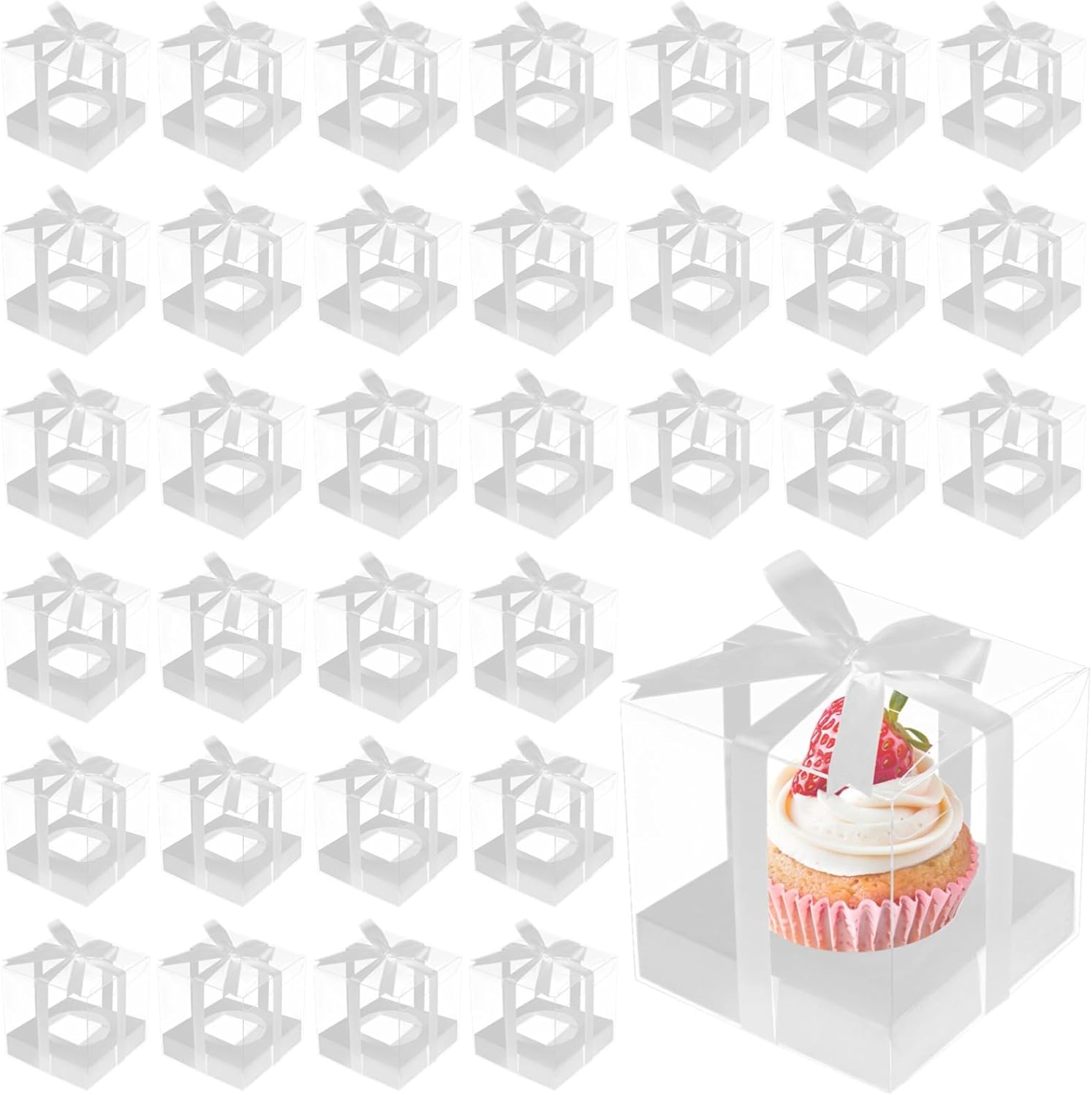 3.5X3.5X3.5 Single Cupcake Boxes Clear 50 Pcs, with Inserts & Ribbons Individual Transparent, Pet Dessert Containers Single Carriers for Birthdays, Weddings, Parties