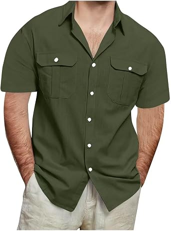 Linen Shirts for Men Short Sleeve Button Down Shirt Classic Dress Office Smart Oxford Blouse Lightweight Casual Tops