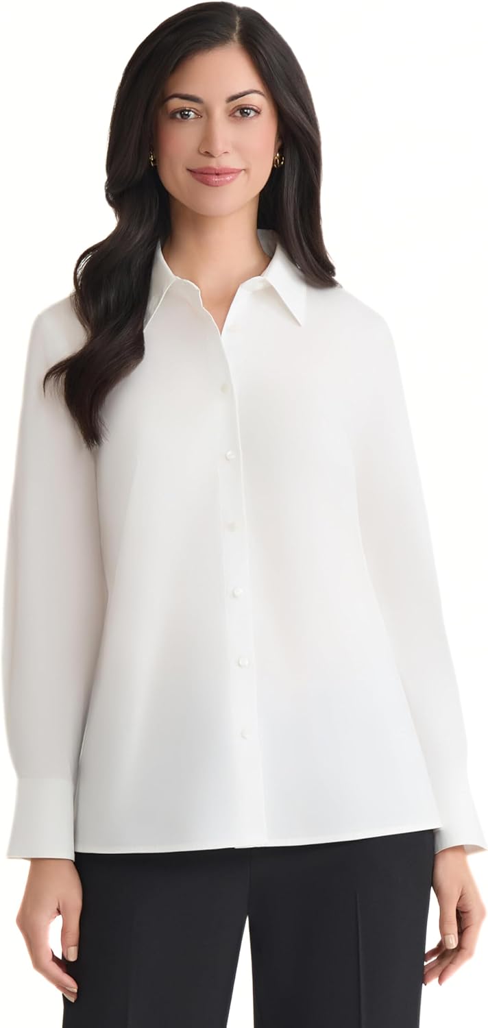 Kasper Womens Poplin Button Front Long Sleeve Shirt