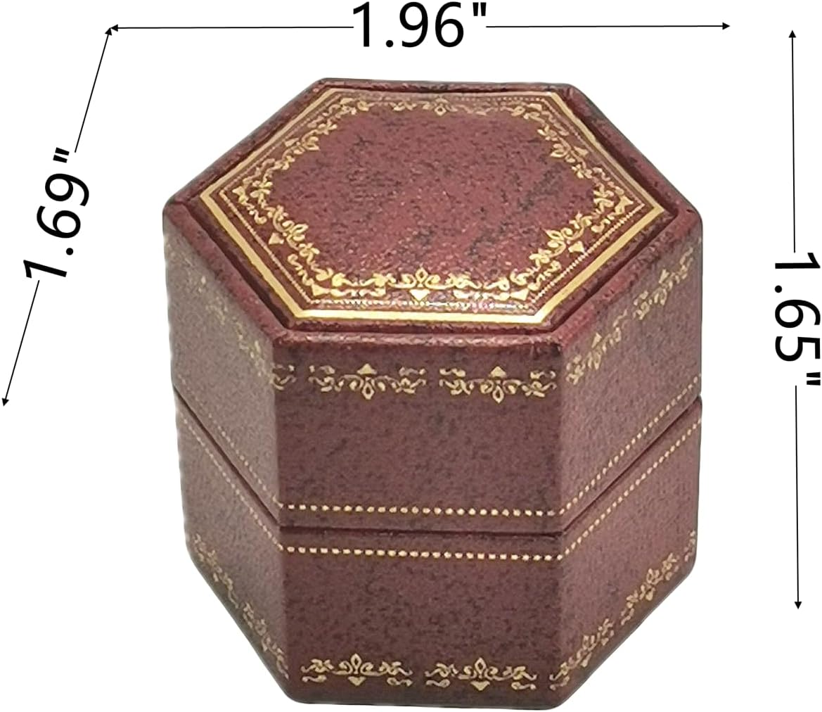 Velvet Ring Box - Hexagonal Engagement Ring Box with Hinged Lid for Proposal Engagement Wedding, Proposal Ring Case Jewelry Box with Gold Lace PRB020-Red image 2