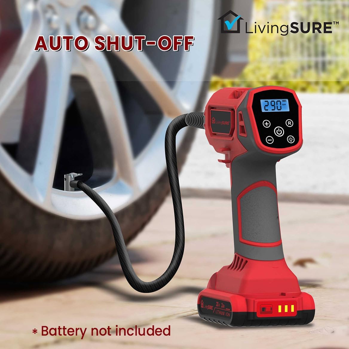 Cordless Tire Inflator Air Compressor By LivingSURE Portable Rechargeabler for Auto, Bikes, Car Air Pump with Auto Shut-Off, Lightweight, Smart Digital Display LED Light - Battery Not Included