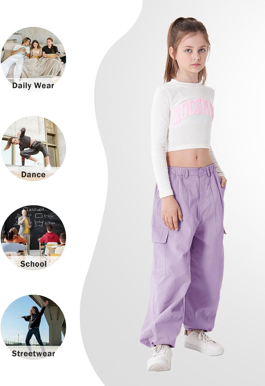 Rolanko Girls Cargo Pants Wide Leg Streetwear Kids Pants with Pockets Trendy Jogger Trousers 4-14 Years - Image 4