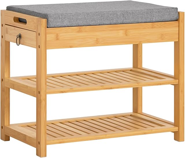 SoBuy® FSR49-N bambusowy stojak na buty, ławka na buty z podnoszonym siedziskiem i poduszką do siedzenia, organizer do przedpokoju, do przechowywania butów, z szufladą