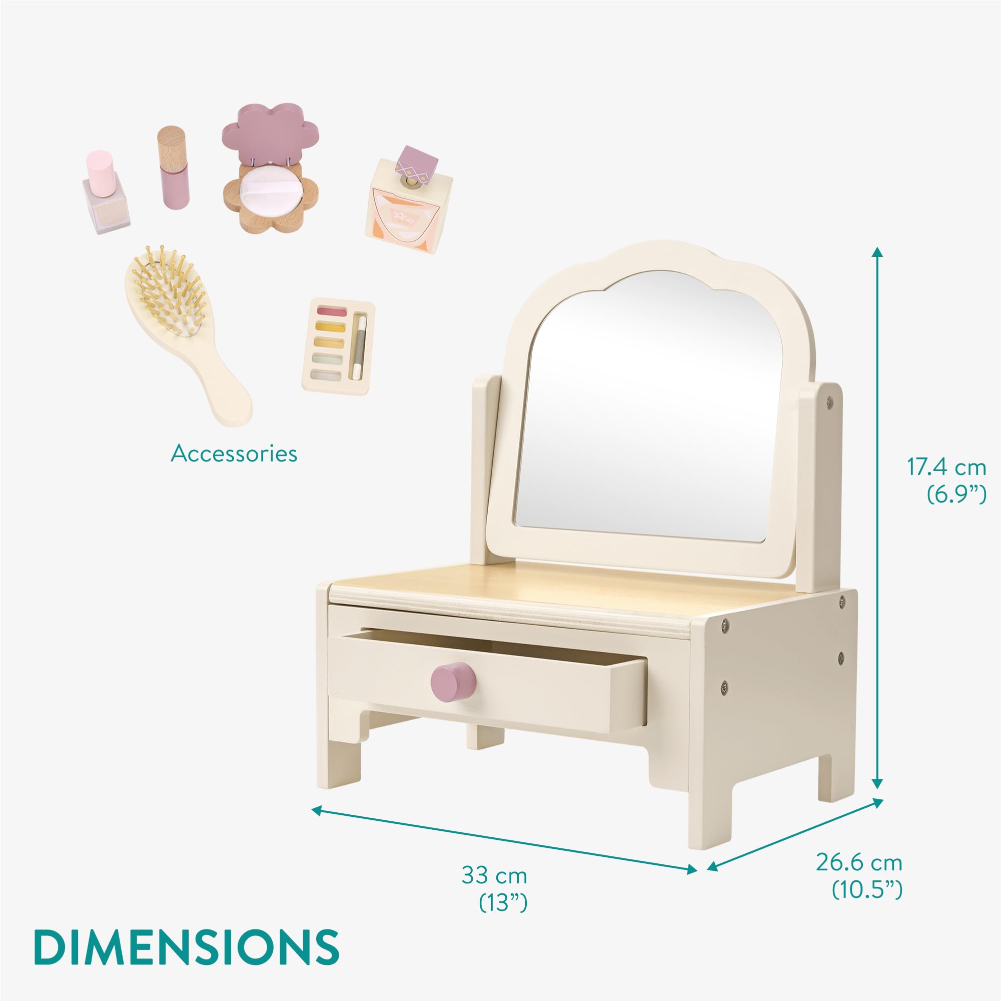 Navaris Tocador Niña de Madera - Tocador Infantil Niña y Niño - Incluye 6X Accesorios de Madera - Tocador para Niñas y Niños +3 Años - Tocador Juguete 33 x 27 x 17 cm