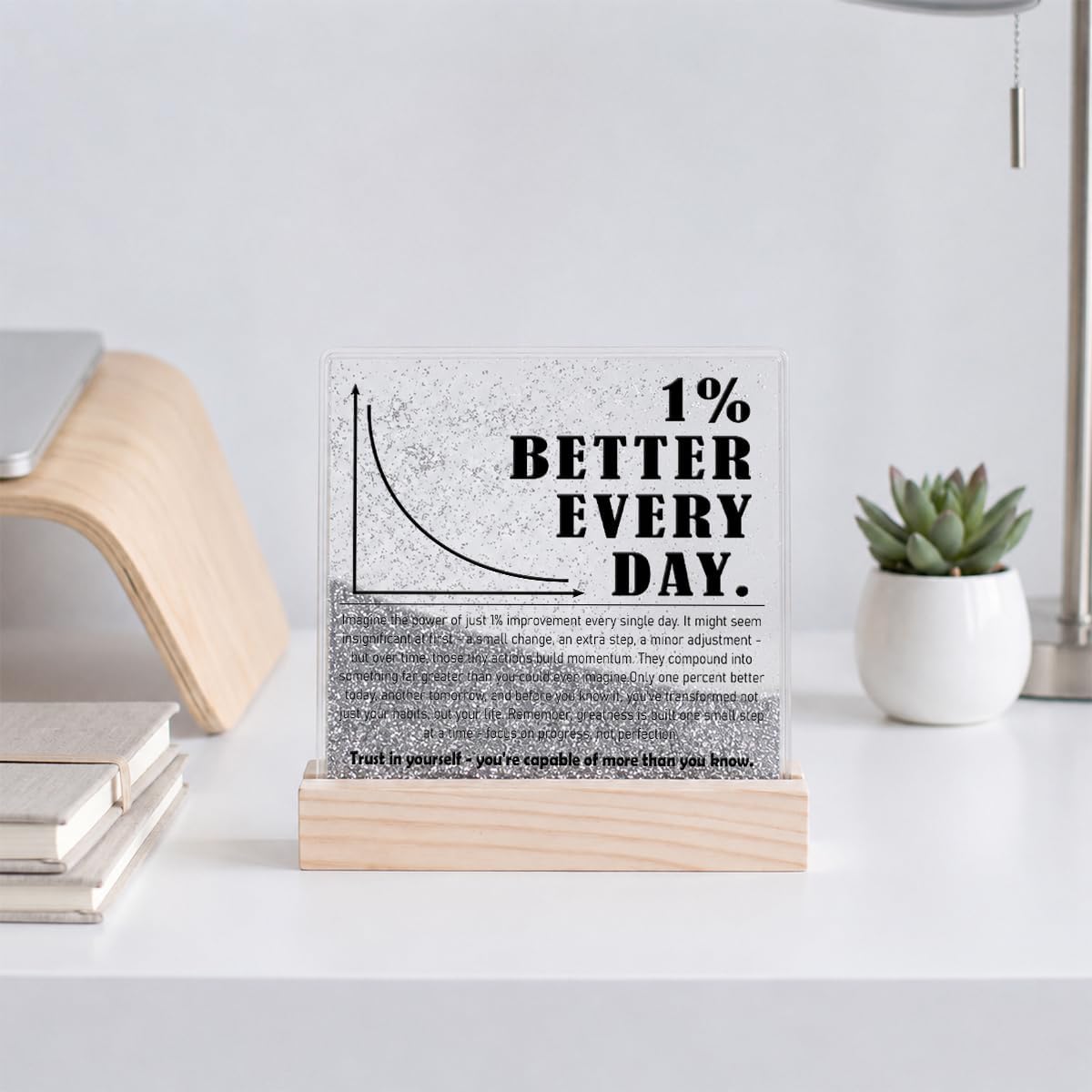 Inspirational Gifts for Women Men, Motivational Desk Decor for Coworker Employee Friend, 1% Better Every Day Moving Sand Glitter Desk Decorative Sign Home Office Decor, Silver image 5