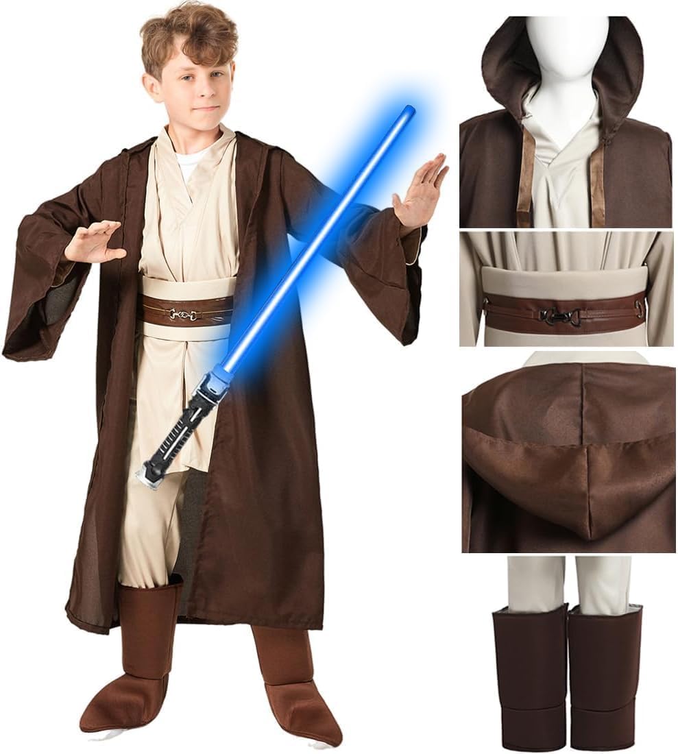 SINSEN Jedi Costume for Kids Jedi Tunic Hooded Robe Belt Lightsaber Top Pant Obi Wan Dress Up Outfit for Halloween Cosplay Party Costume for Boys Girls Ages 3-12 Years
