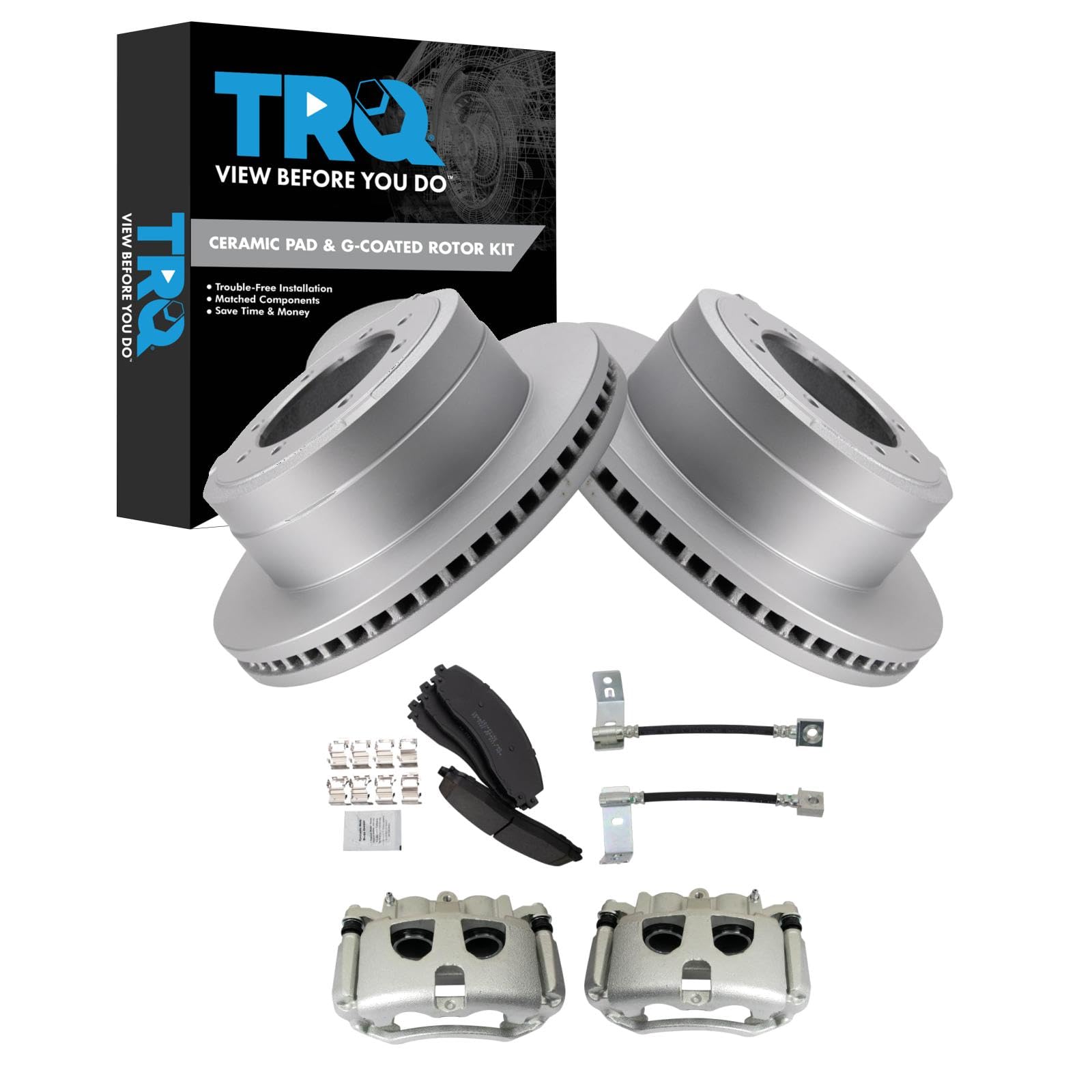 TRQ Rear Brake Pad &amp; Rotor Kit Ceramic Premium G-Coated Compatible with 2017-2021 Ford F-350 Super Duty