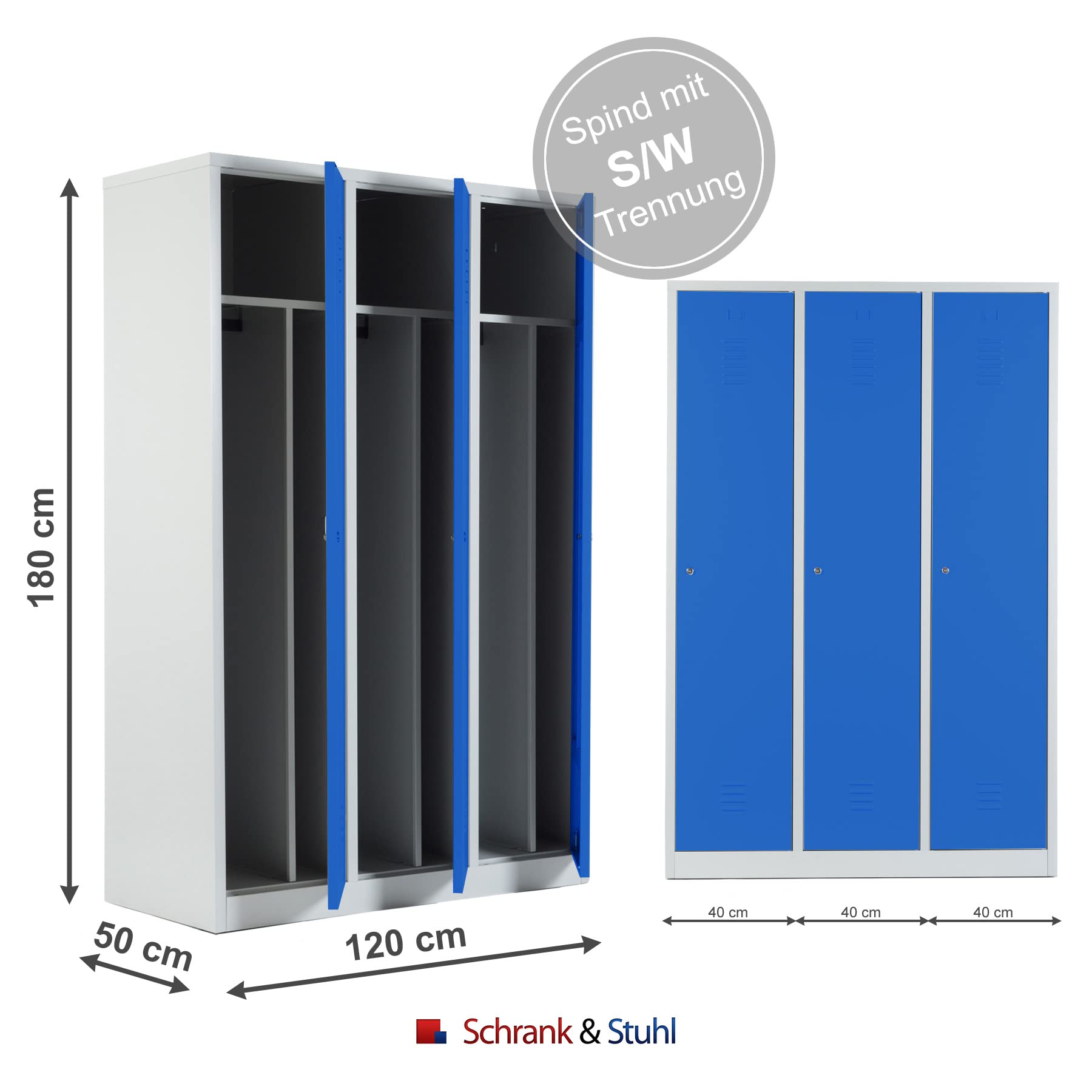 Schrank & Stuhl Spind – Metallspind mit 3 Abteilen in 180 x 120 x 50 cm, inkl. Hutboden, Trennwand und Drehriegelverschlüssen, Lieferung komplett montiert, Grau/Blau