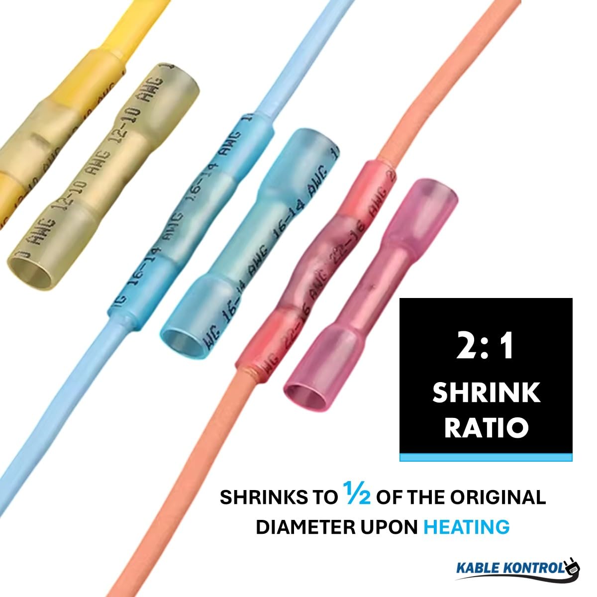 Kable Kontrol Heat Shrink Butt Connector - 12-10 AWG 100 Pcs UL Listed – Insulated Butt Splice Waterproof Marine Grade Crimp Terminals, Copper & HDPE for Automotive, Boat, Stereo Wiring - Yellow