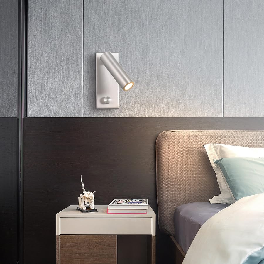 Wandlampe mit Dimmschalter, Drehknopf, Schwenkbarer Spot, Matt Schwarz, Modern (Brushed Nickel)