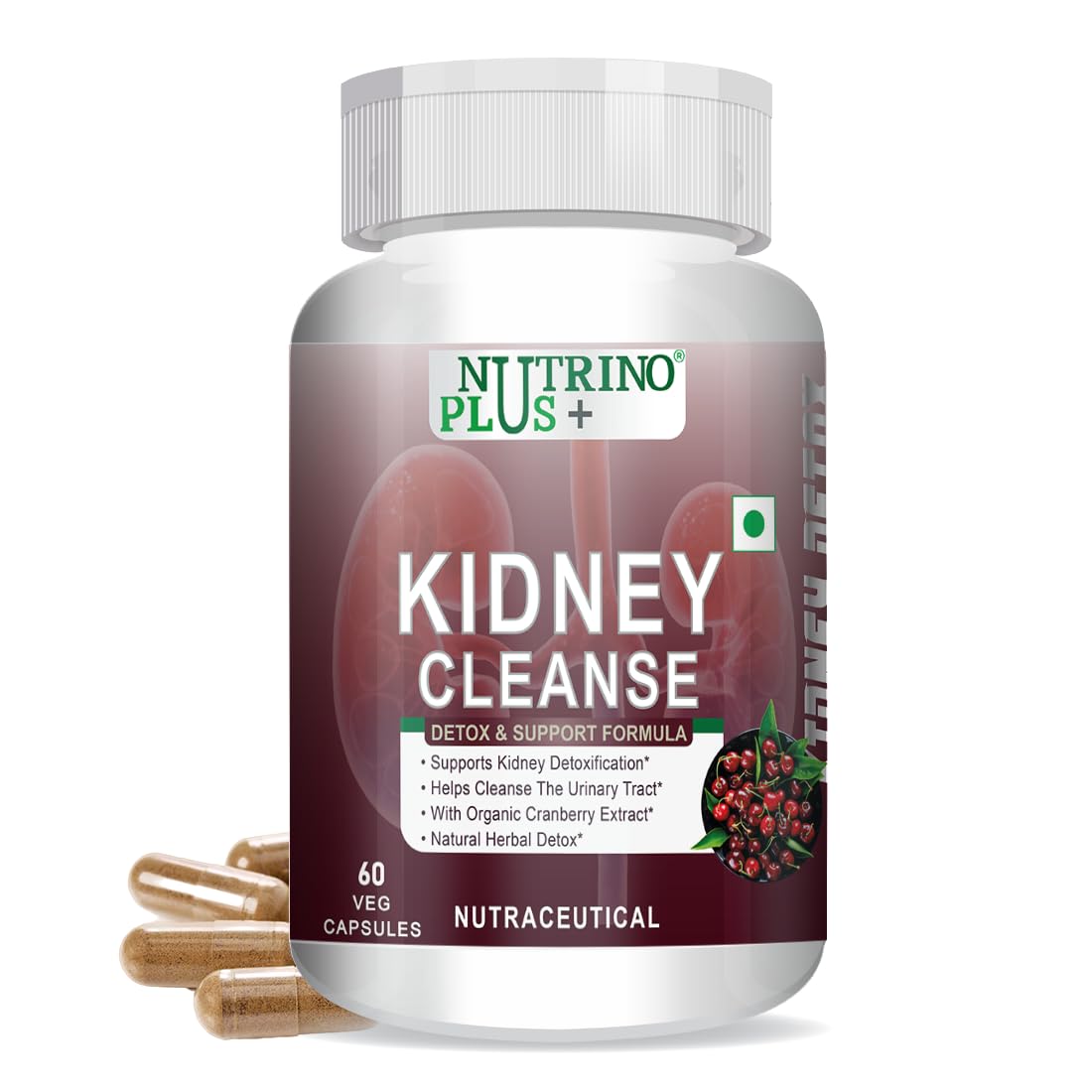 Nutrinoplus Kidney Cleanse Detox Veggie Capsules | Organic Cranberry Extract for Kidney & Urinary Tract Support | Plant-Based | Formulated in USA | 60 Veg Capsules