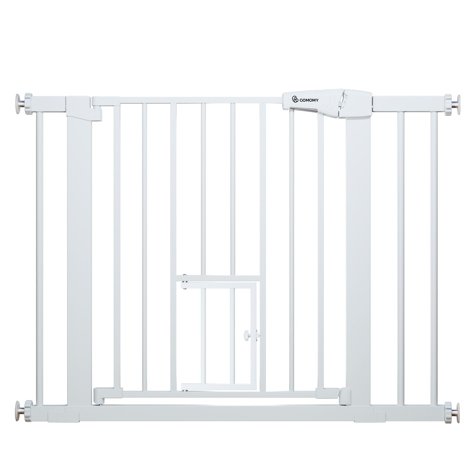 COMOMY Barrera para Perros con Puerta Pequeña y 2 Extensiones, 75-103 cm Barrera Seguridad niños Escalera, Auto Close, Sin Taladrar, Blanco | Puerta de seguridad montada a presión, incluye 4 tazas de pared y 2 piezas de extensión, color blanco