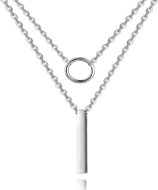 925 Sterling Silver Double-deck Necklace with Ring and Bar Pendant Choker Necklace