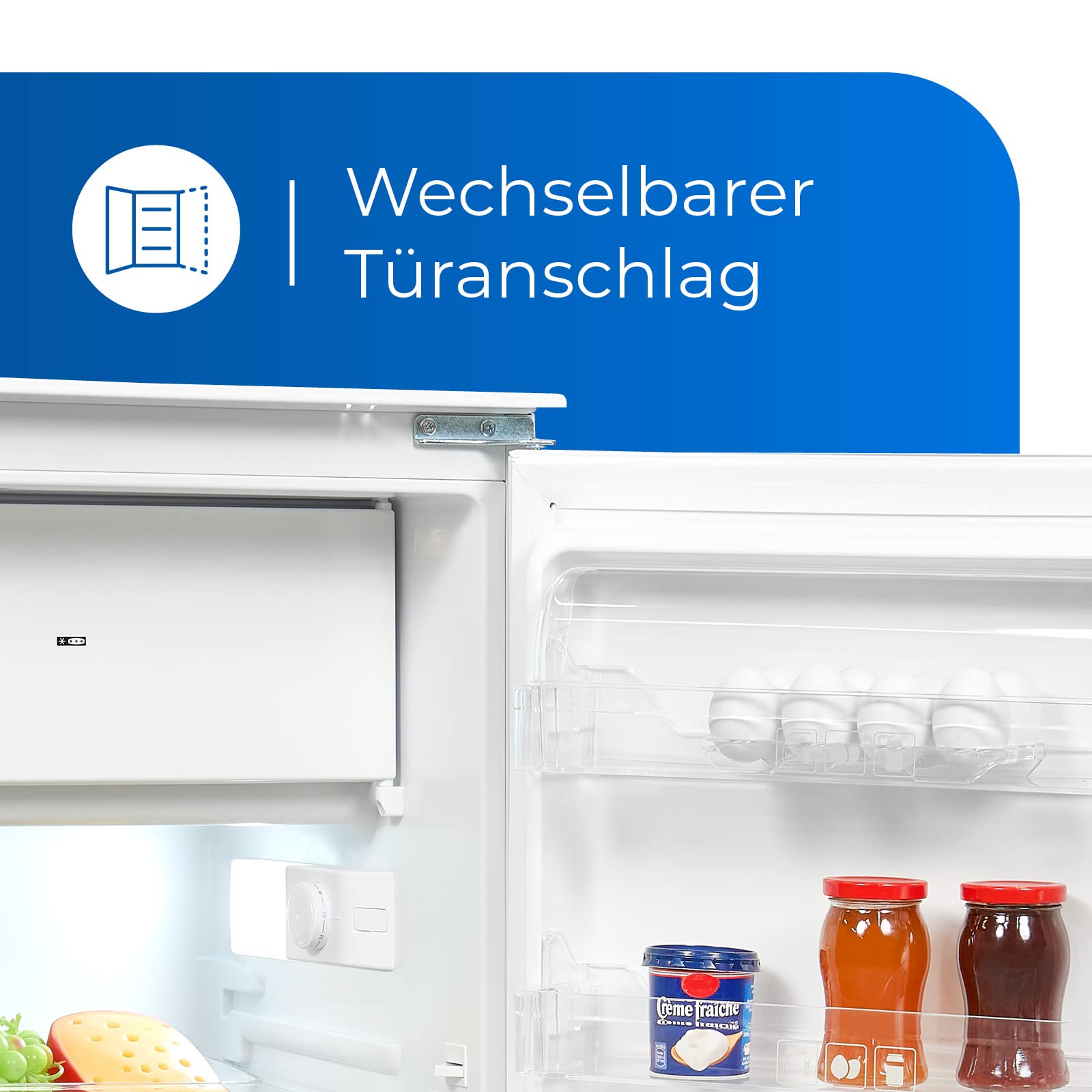 Exquisit EKS131-4-E-040E Einbaukühlschrank, Nischenhöhe 88 cm, 54 cm breit, 118L, Schlepptürmontage, große Gemüseschublade, LED Beleuchtung, Eierablagen