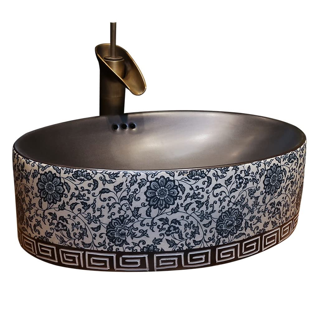ADERFETBI Bathroom Sink Bathroom Sink Oval Ceramic Washbasin Chinese Style Art Countertop Basin Vanity Vessel with Faucet