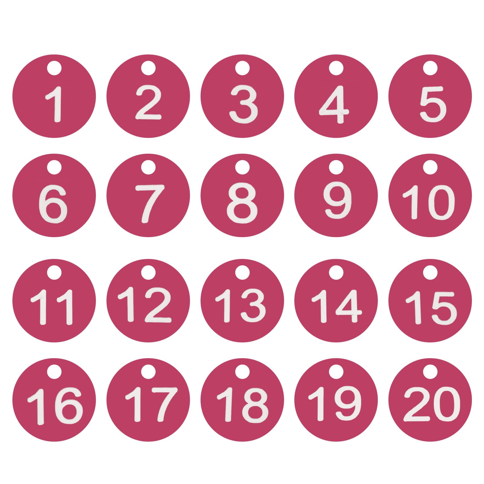 PATIKIL 1-20 Numbers Tags Plastic Round Numbered Marking Identify ID Key Hang Tag for Dormitory Key Chain Box Gym Cabinet Lockers, Rose Red with White Text
